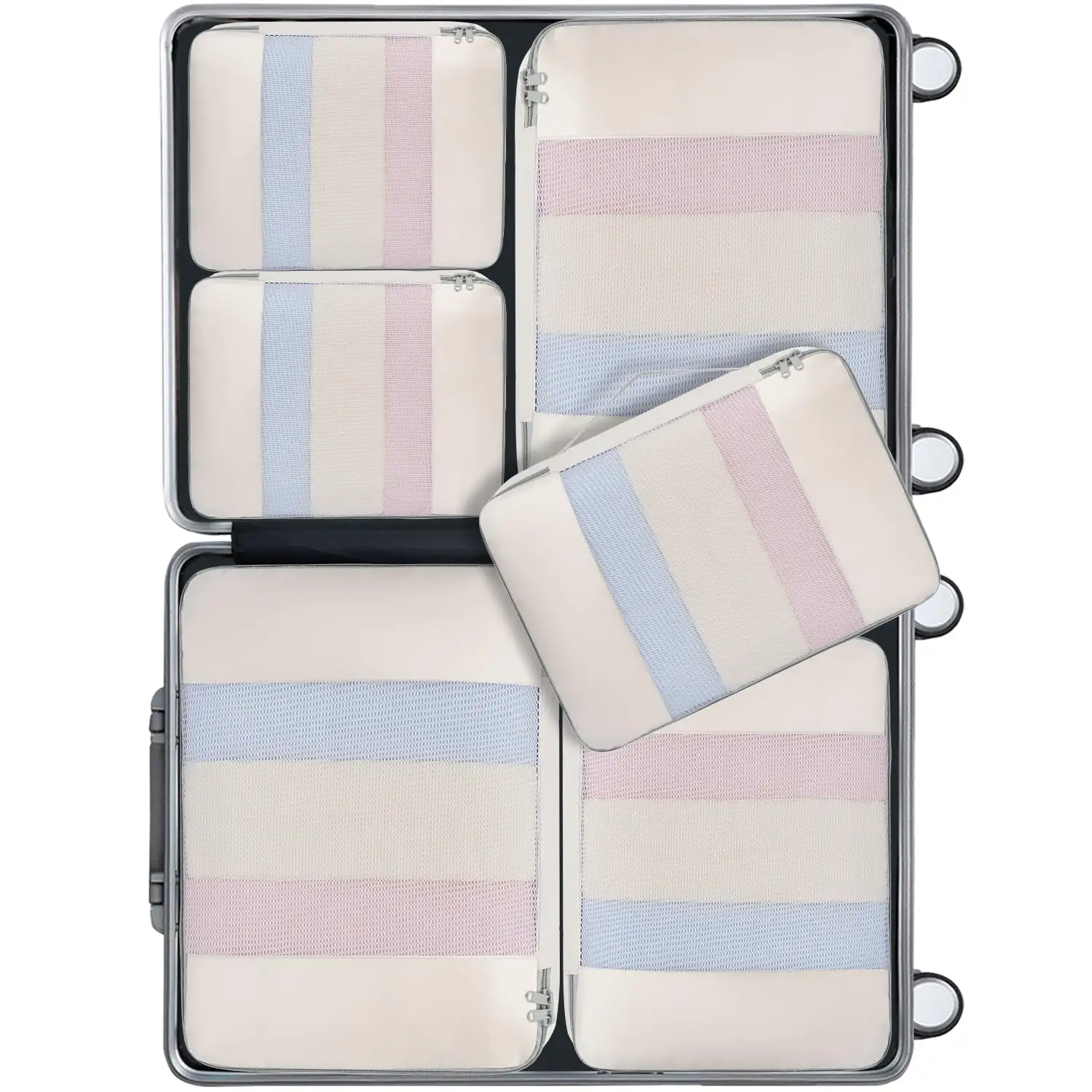8-piece mesh packing cubes set with makeup and shoe bag, perfect for organized travel and luggage organization.