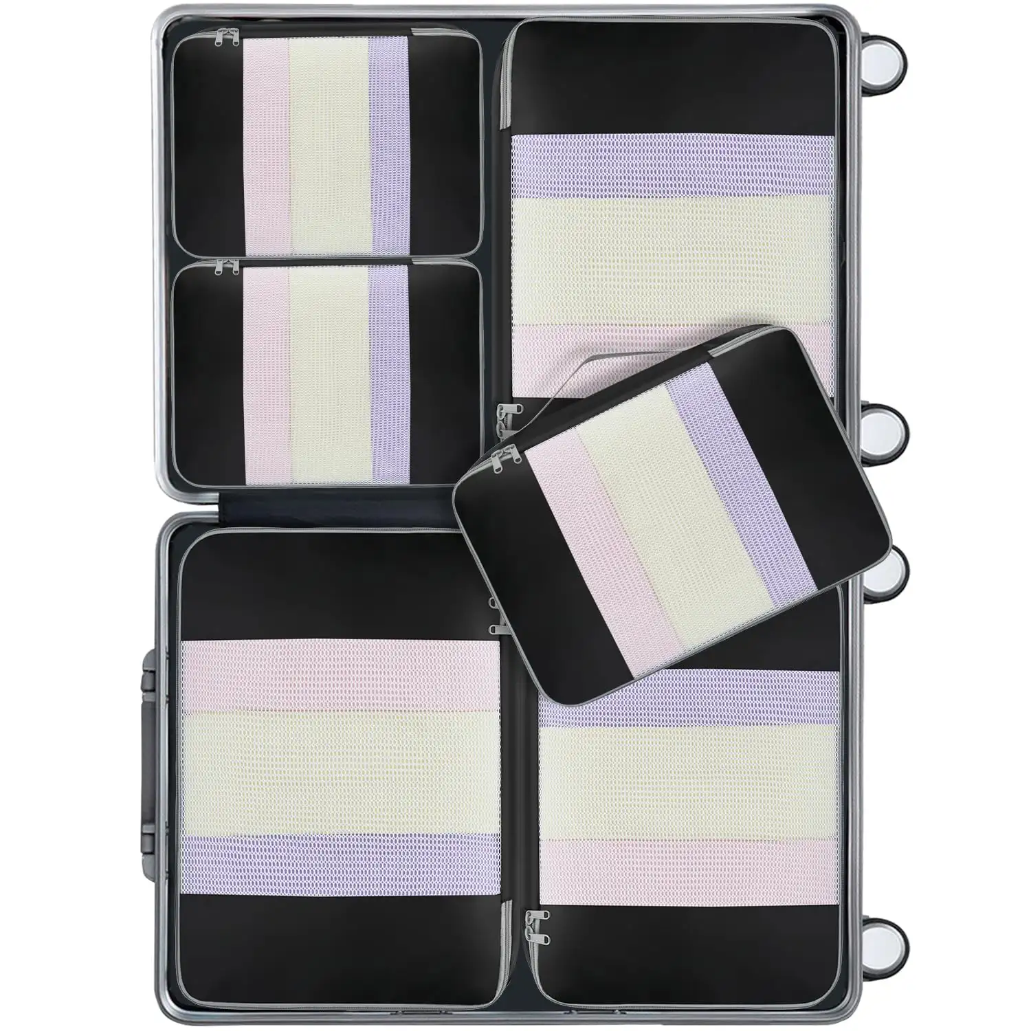 8-piece mesh packing cubes set in various sizes with makeup and shoe bags, perfect for organized travel and luggage.
