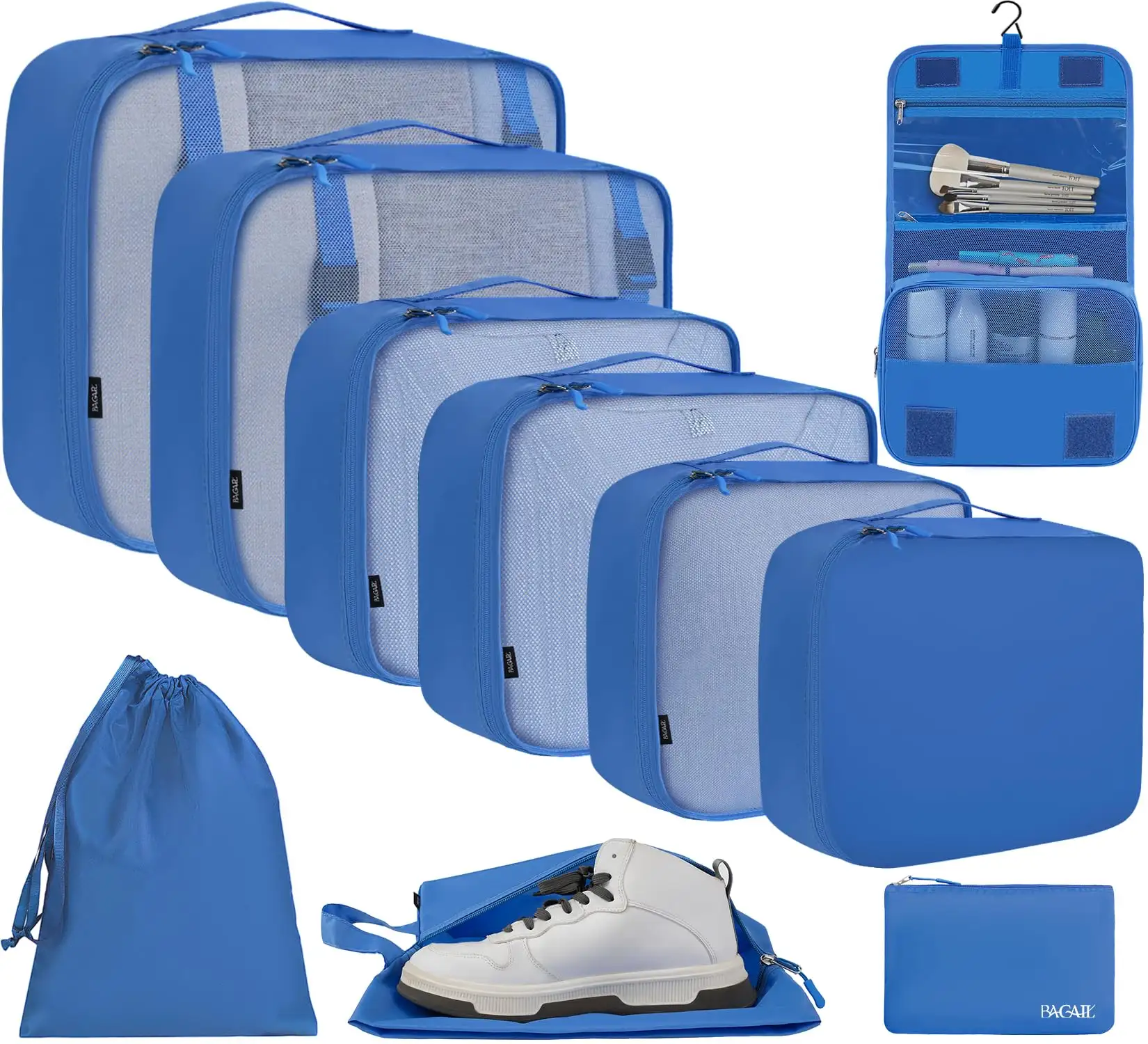 8-set mesh packing cubes in various sizes, includes makeup and shoe bags for organized travel. Ideal for luggage.