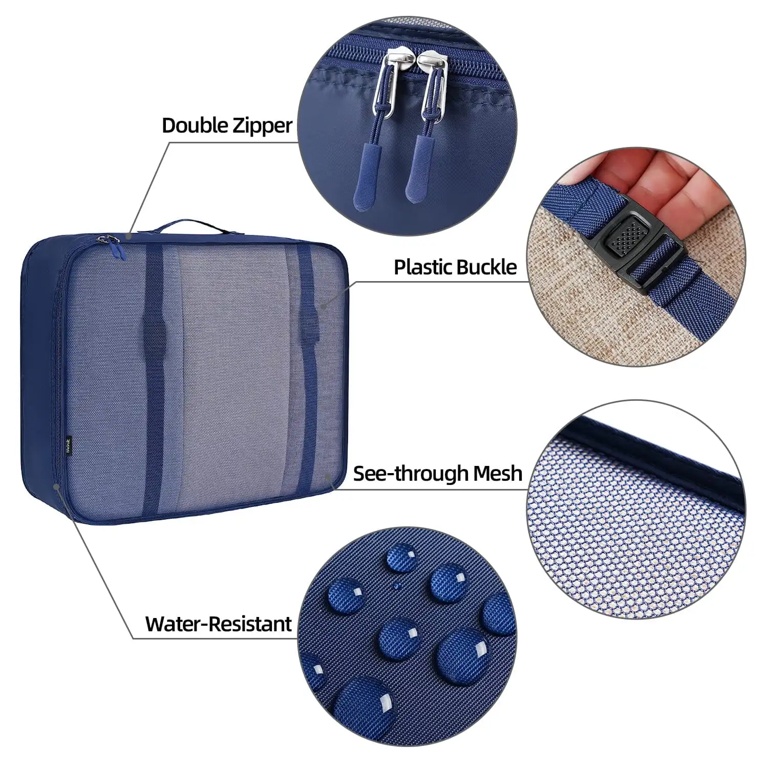 8-piece mesh packing cubes set with various sizes, includes makeup bag and shoe bag for organized travel.