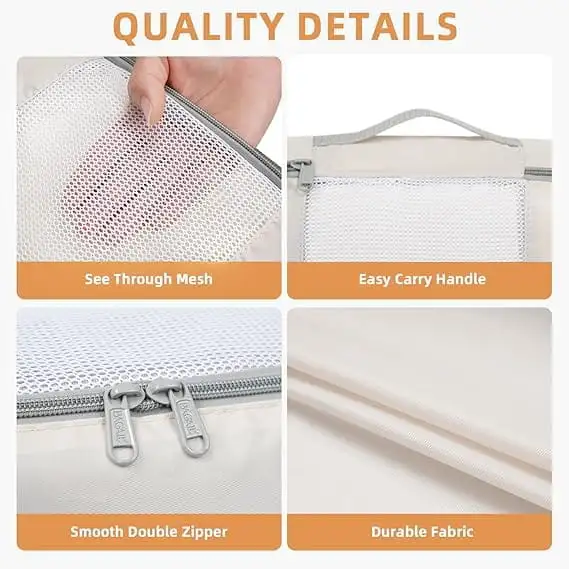 8-piece mesh packing cubes set in various sizes with makeup and shoe bags for organized travel.