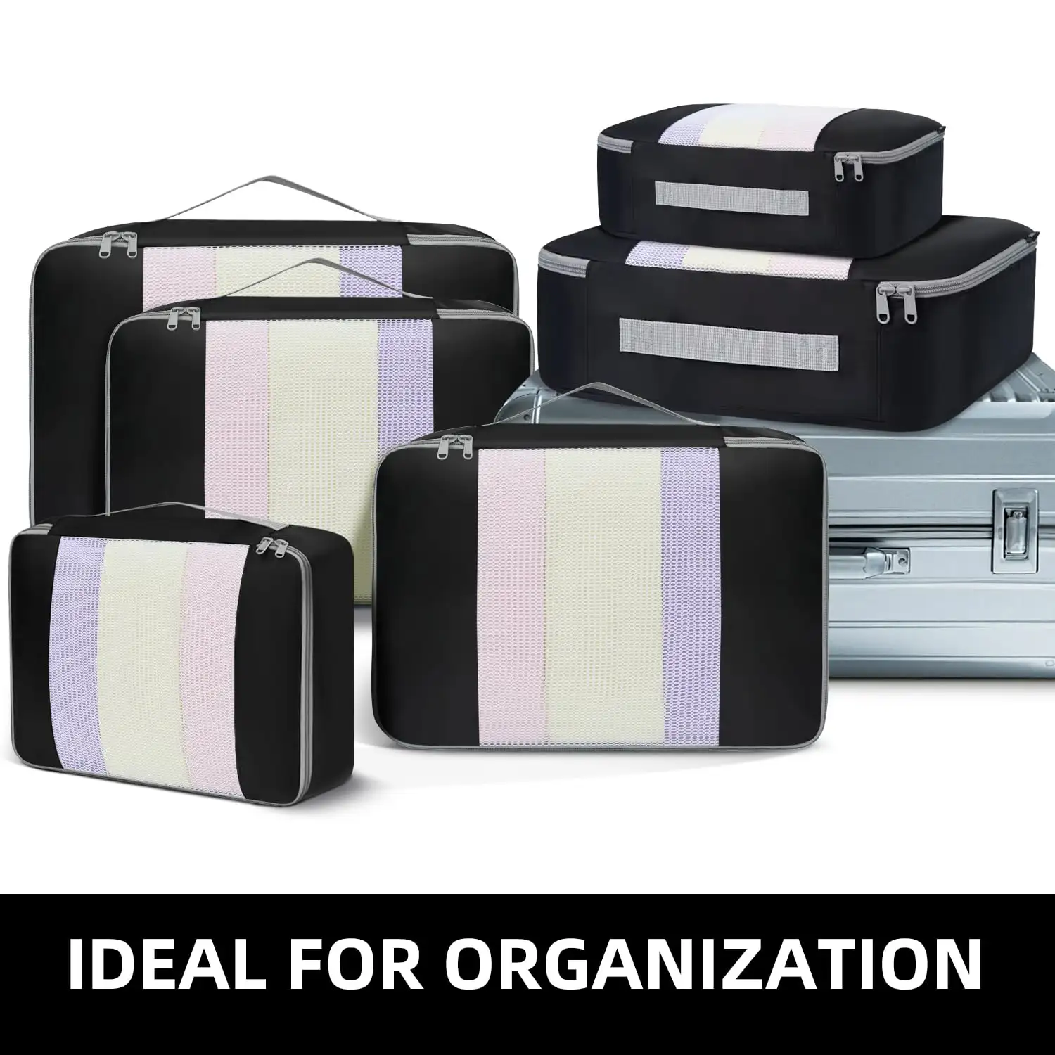 8-piece mesh packing cubes set with makeup bag and shoe bag for efficient travel organization.