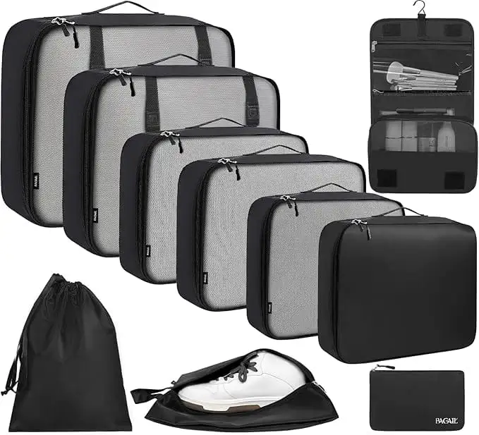 8-piece mesh packing cubes set with various sizes, makeup bag, and shoe bag for organized travel.