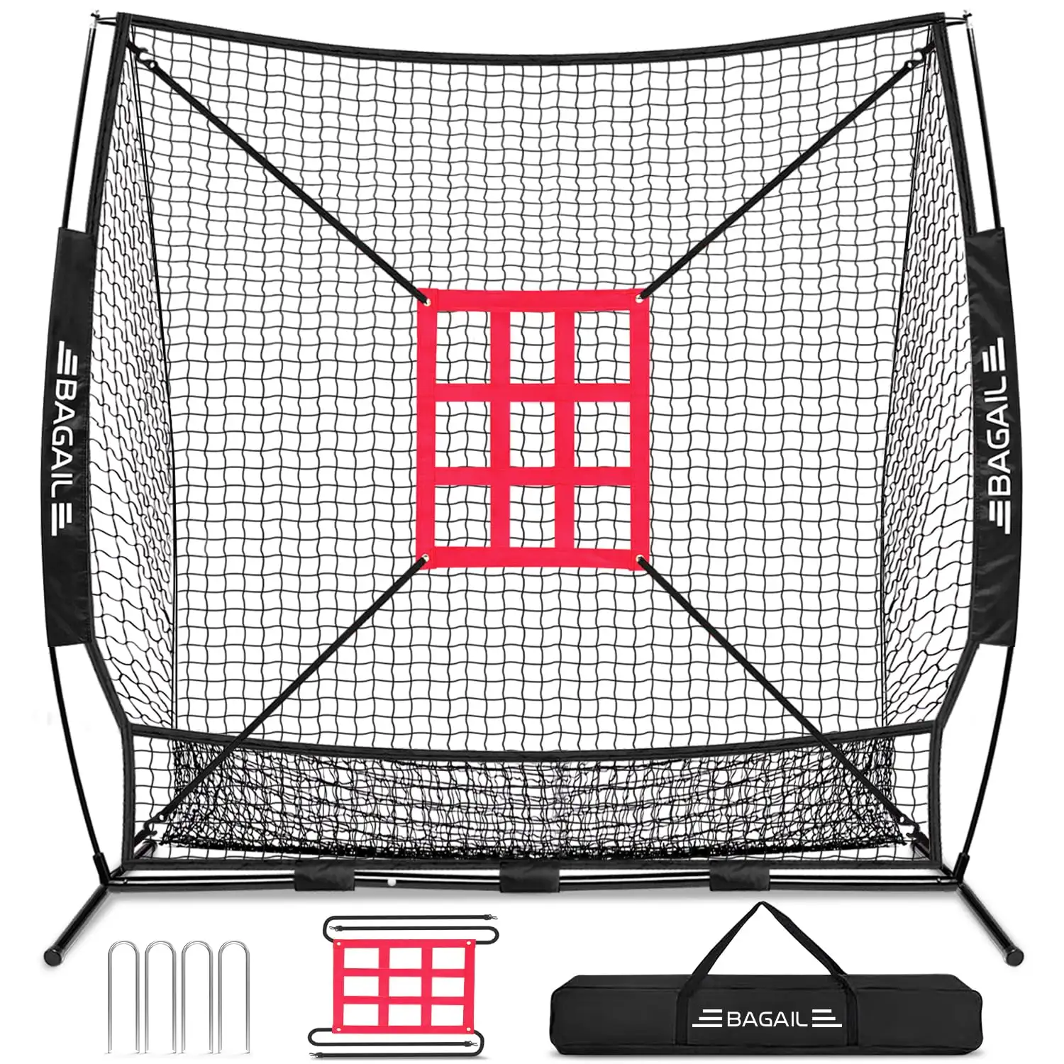 7x7 ft portable baseball and softball practice net with bow frame, strike zone, and carry bag for training at all levels.