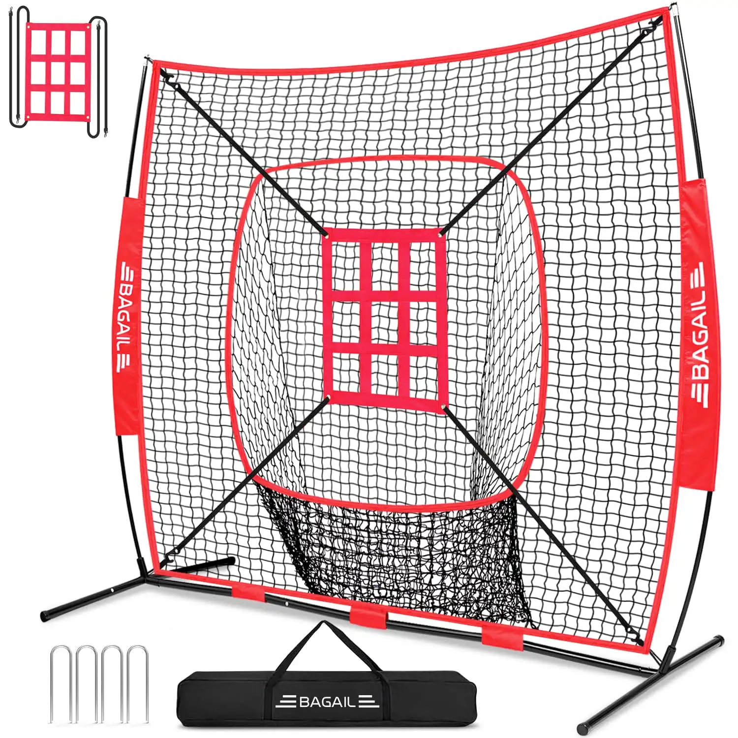 7x7 ft Baseball & Softball Practice Net with Bow Frame, Portable Training Aid, Includes Strike Zone and Carry Bag