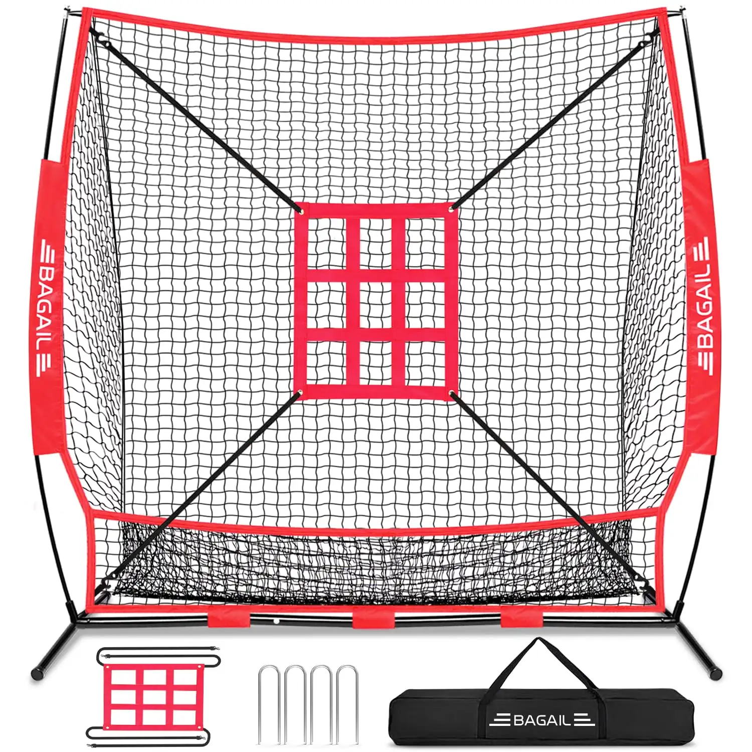 7x7 ft portable baseball and softball practice net with bow frame, strike zone, and carry bag for all skill levels.