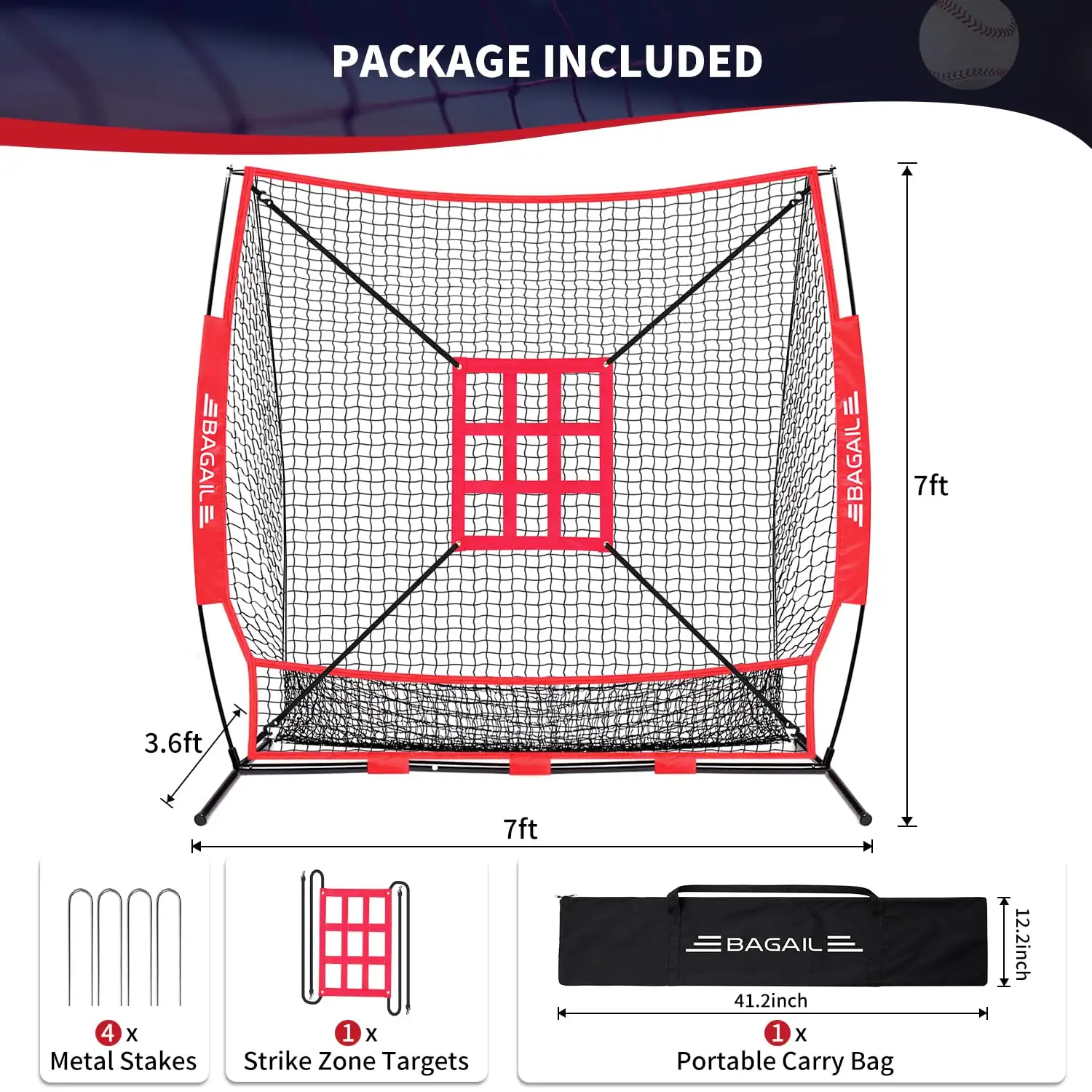 7x7 ft portable baseball and softball practice net with bow frame, strike zone, and carry bag for training at all levels.