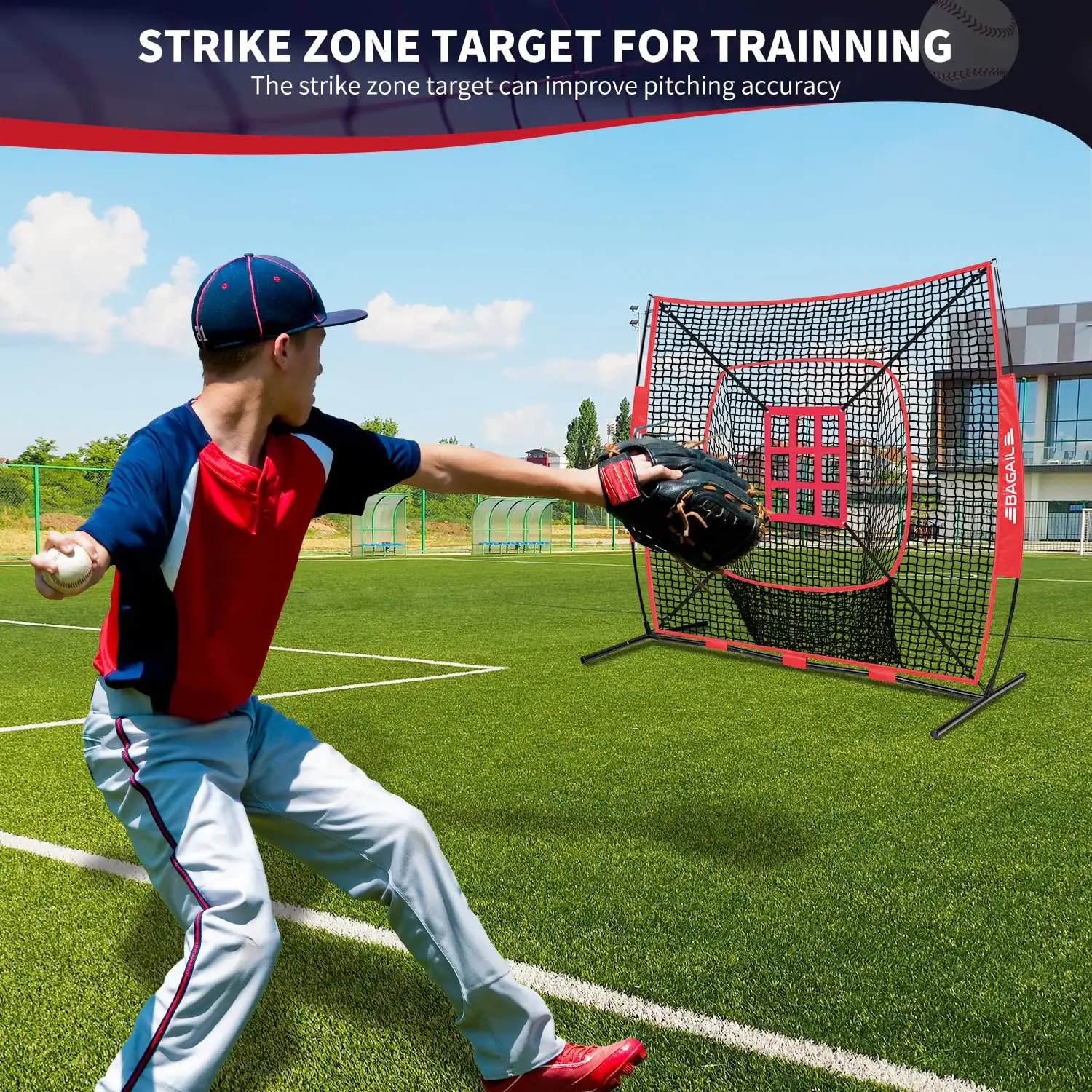 7x7 ft portable baseball practice net with bow frame and strike zone, ideal for batting and pitching training at all levels.
