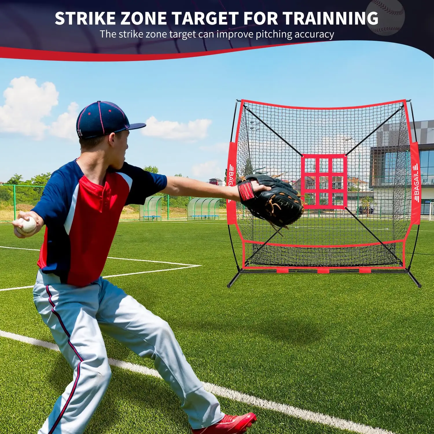 7x7 ft portable baseball and softball practice net with bow frame, strike zone, and carry bag for all skill levels.