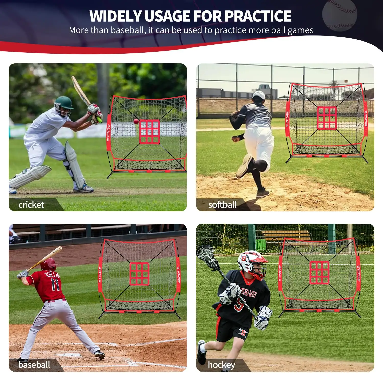 7x7 ft portable baseball and softball practice net with bow frame, strike zone, and carry bag for all skill levels.