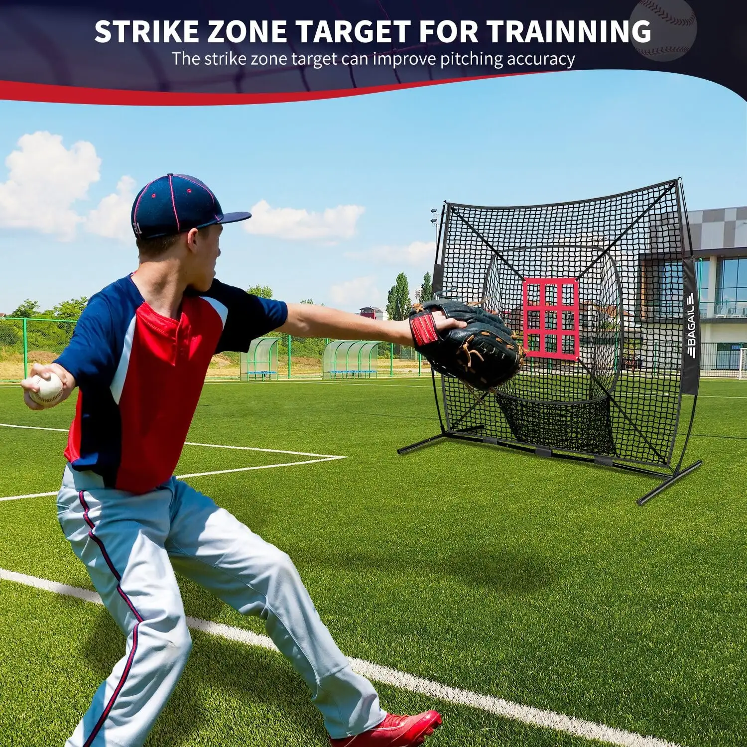 7x7 ft portable baseball and softball practice net with bow frame, strike zone, and carry bag for all skill levels.