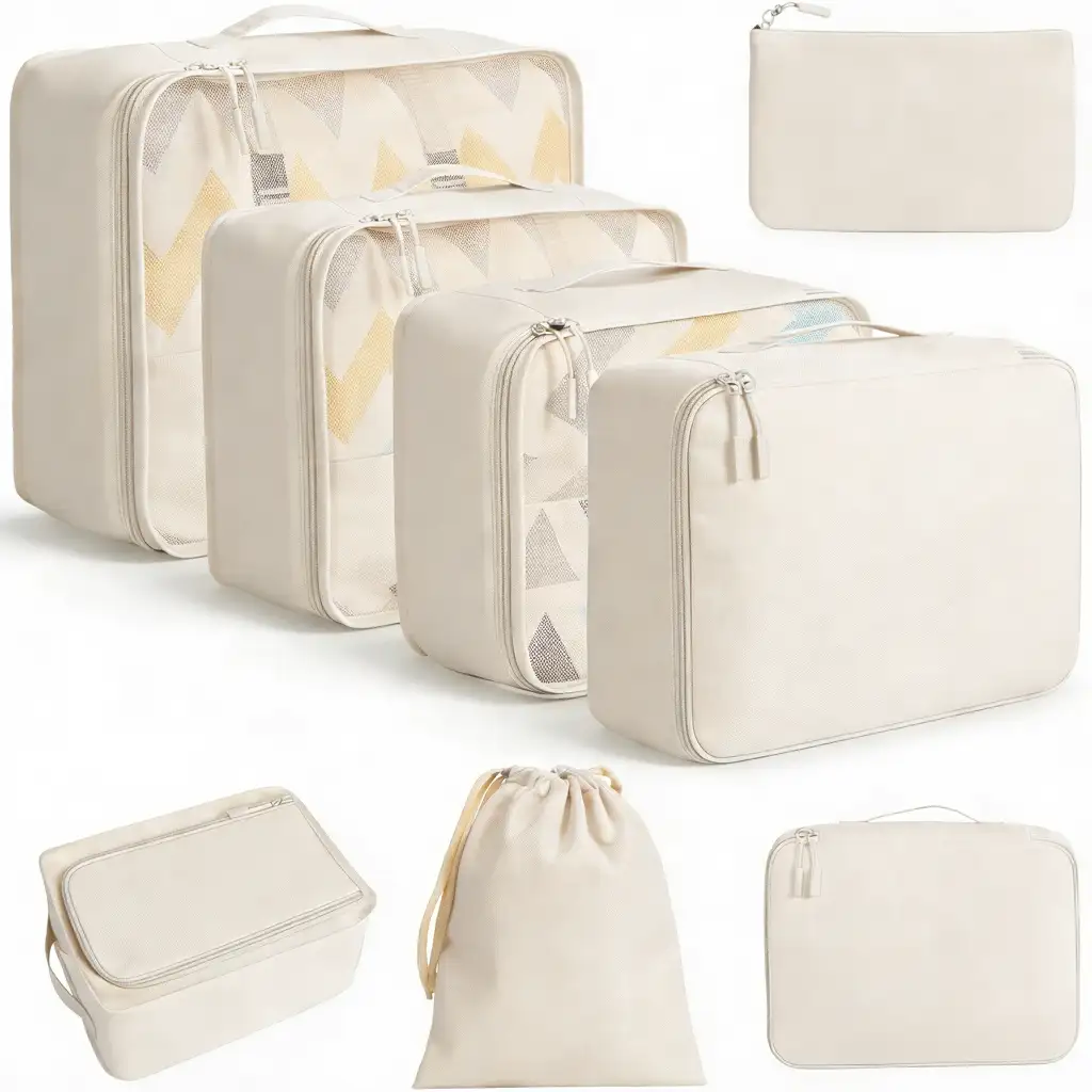 8 Set Mesh Packing Cubes with laundry bag and shoe bag for organized travel and efficient packing.