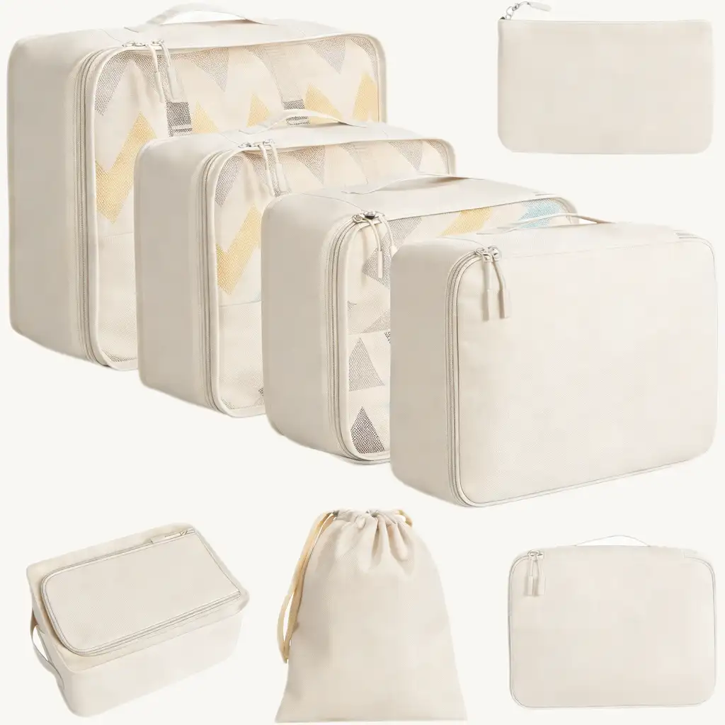 8 set mesh packing cubes with laundry bag and shoe bag for organized travel and efficient packing.