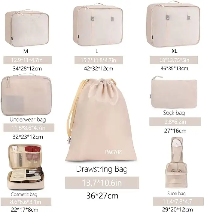 8 set mesh packing cubes with laundry bag and shoe bag, perfect for organized travel and easy packing.