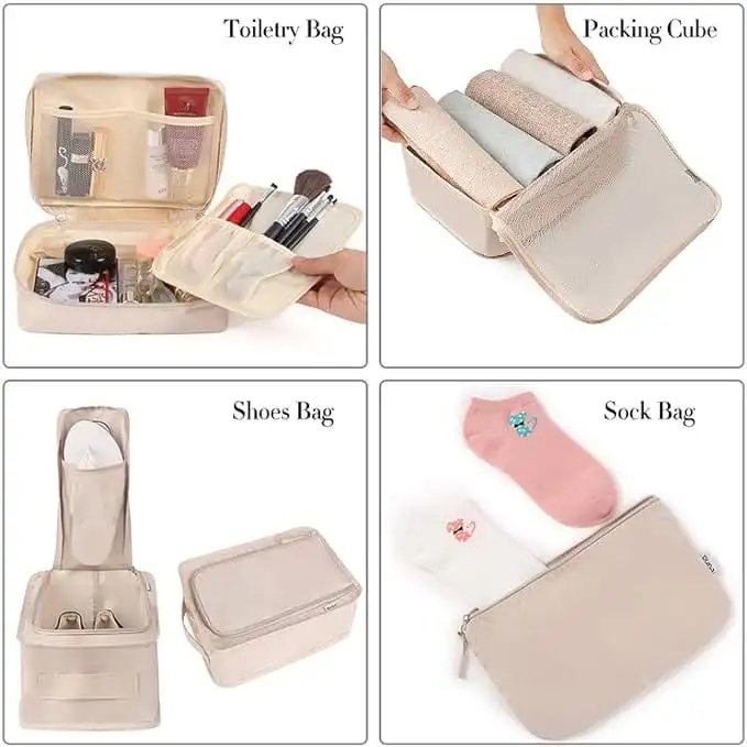 8 mesh packing cubes set with laundry bag and shoe bag for organized travel and efficient packing.
