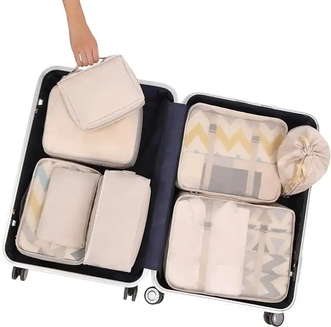 8 mesh packing cubes set with laundry bag and shoe bag for organized travel and efficient packing.