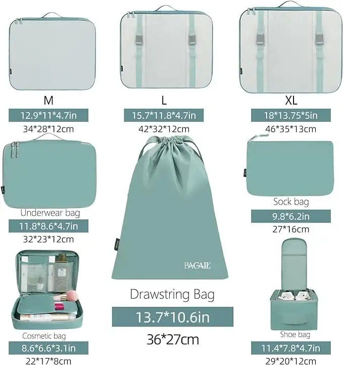 8 set mesh packing cubes with laundry bag and shoe bag for organized travel and efficient packing.