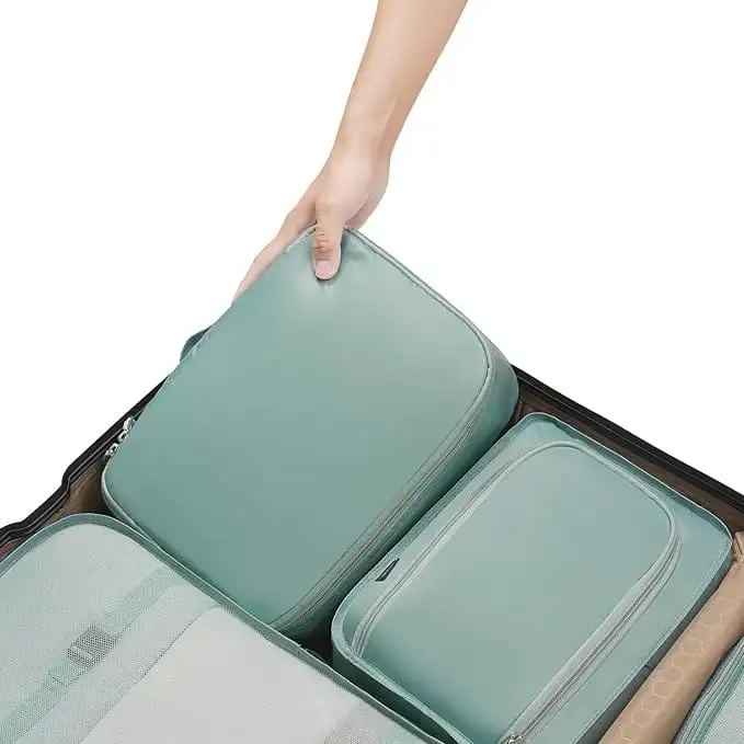 8 set mesh packing cubes with laundry bag and shoe bag for organized travel and efficient packing.