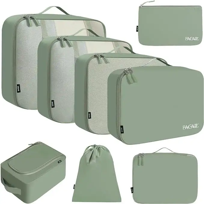 8 mesh packing cubes set with laundry and shoe bags for organized travel and efficient luggage packing.