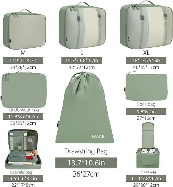 8 set mesh packing cubes with laundry and shoe bags for organized travel and efficient packing.