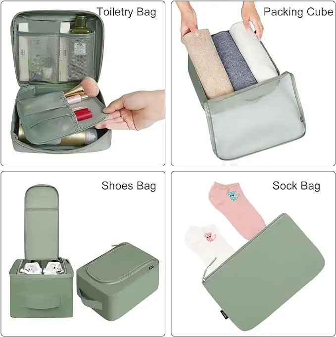 8 set mesh packing cubes with laundry and shoe bags for organized travel and efficient packing.