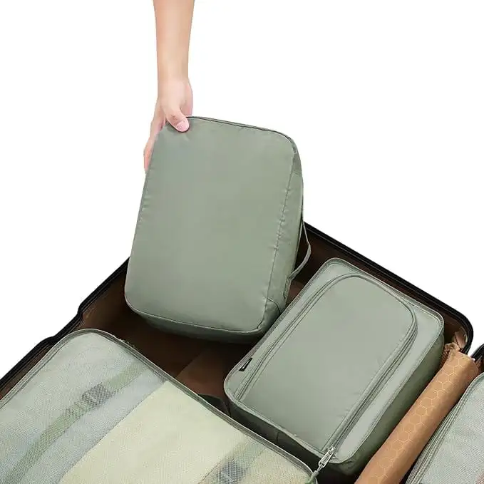8 set mesh packing cubes with laundry bag and shoe bag for organized travel and efficient luggage storage.
