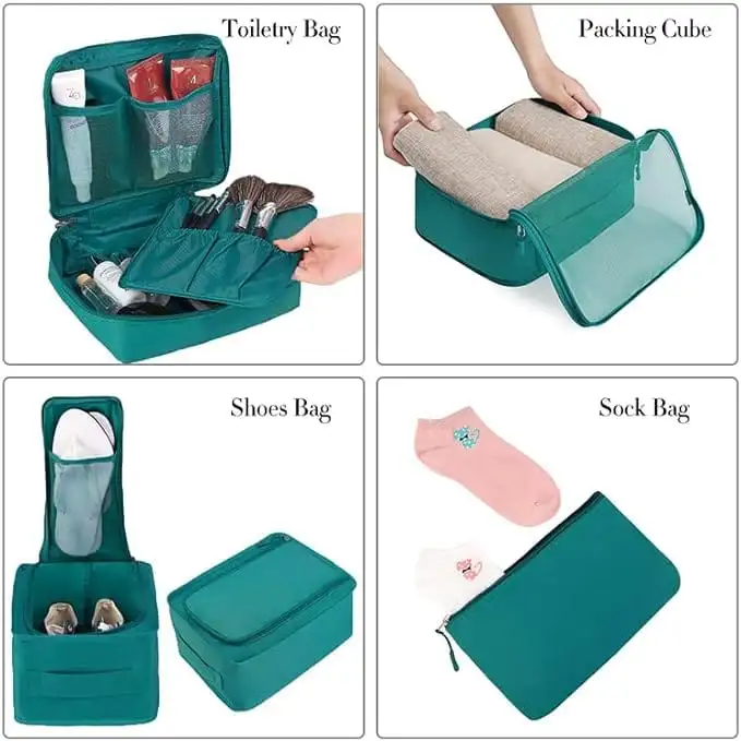 8-piece mesh packing cubes set with laundry and shoe bags for organized travel and efficient packing.