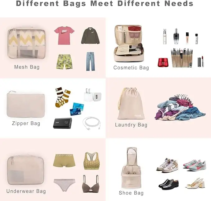 8 set mesh packing cubes with laundry bag and shoe bag for travel organization and efficient luggage packing.