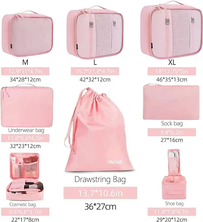 8 set mesh packing cubes with laundry and shoe bags for organized travel and efficient packing.