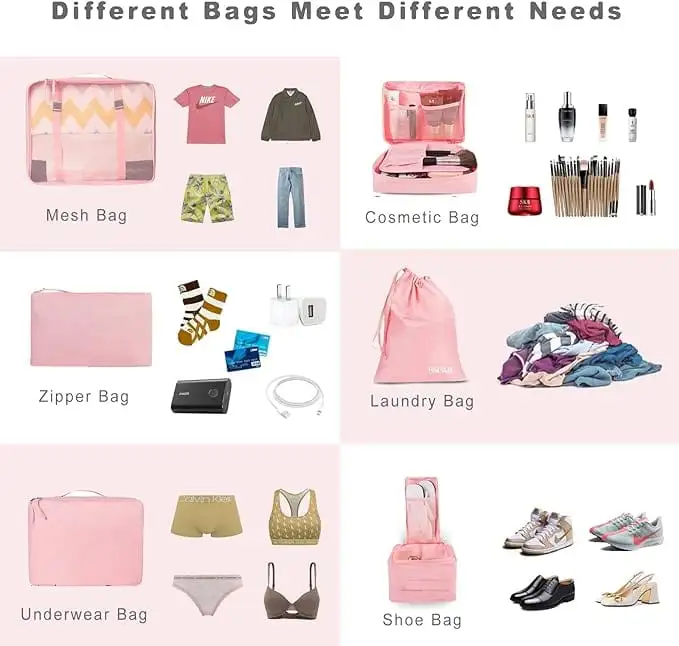 8 set mesh packing cubes with laundry bag and shoe bag for organized travel and suitcase storage.