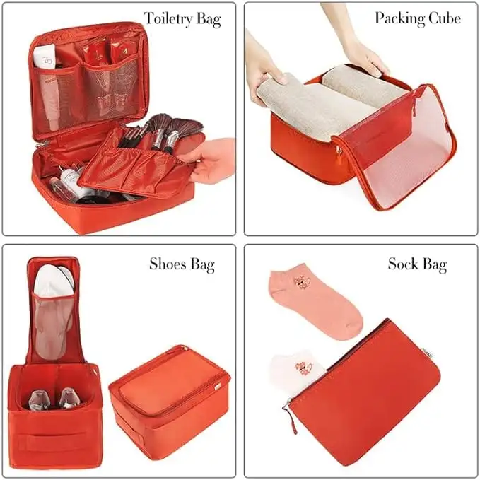 8 set mesh packing cubes with laundry and shoe bags, perfect for organized travel and efficient luggage packing.