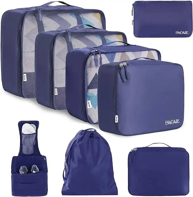 8 set mesh packing cubes with laundry bag and shoe bag for efficient travel organization and storage solutions.