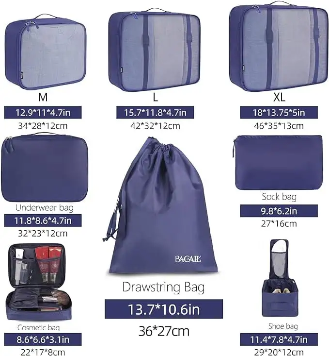 8 set mesh packing cubes with laundry and shoe bags for organized travel and efficient packing.