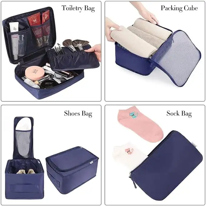 8 set mesh packing cubes with laundry bag and shoe bag for organized travel and efficient packing.