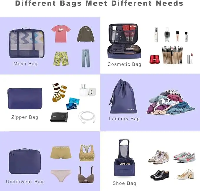 8 set mesh packing cubes with laundry and shoe bags, ideal for organized travel and efficient luggage packing.