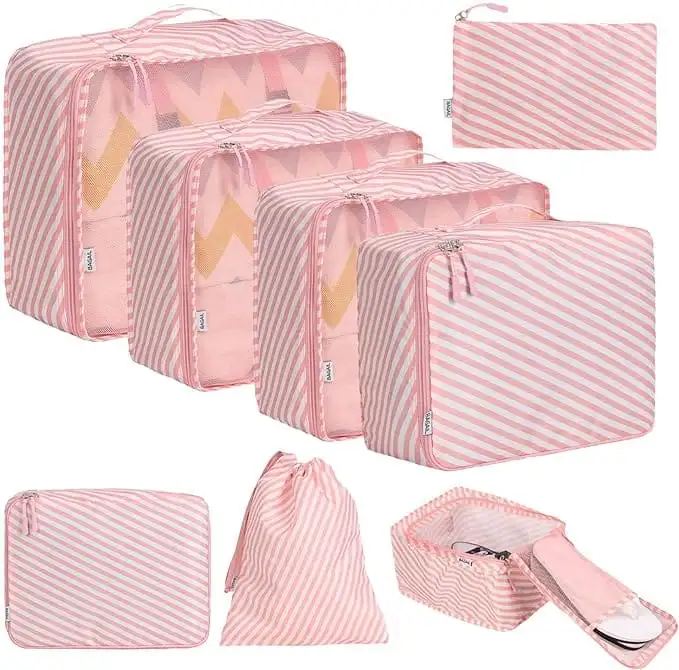 8 set mesh packing cubes with laundry and shoe bags, stylish white and pink stripe organizers for travel storage.
