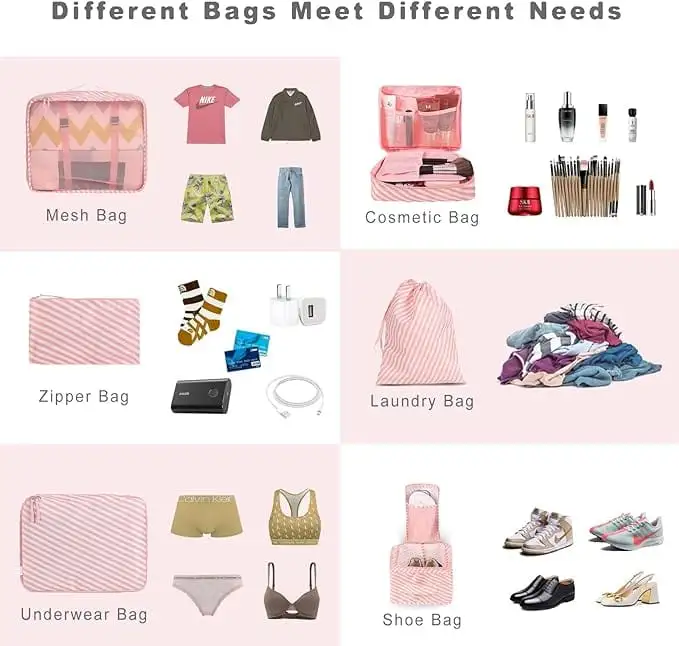 8 mesh packing cubes set with laundry and shoe bags, ideal for organized travel and efficient luggage packing.