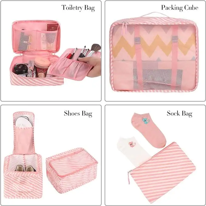 8 mesh packing cubes set with laundry bag and shoe bag for organized travel and efficient luggage packing.
