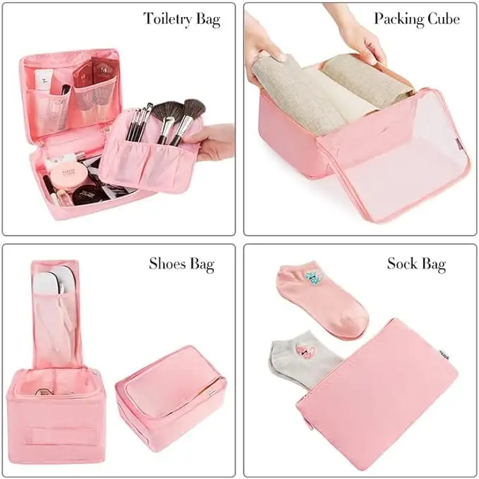 8 Set Mesh Packing Cubes with laundry and shoe bags for organized travel and efficient packing. Durable and lightweight.