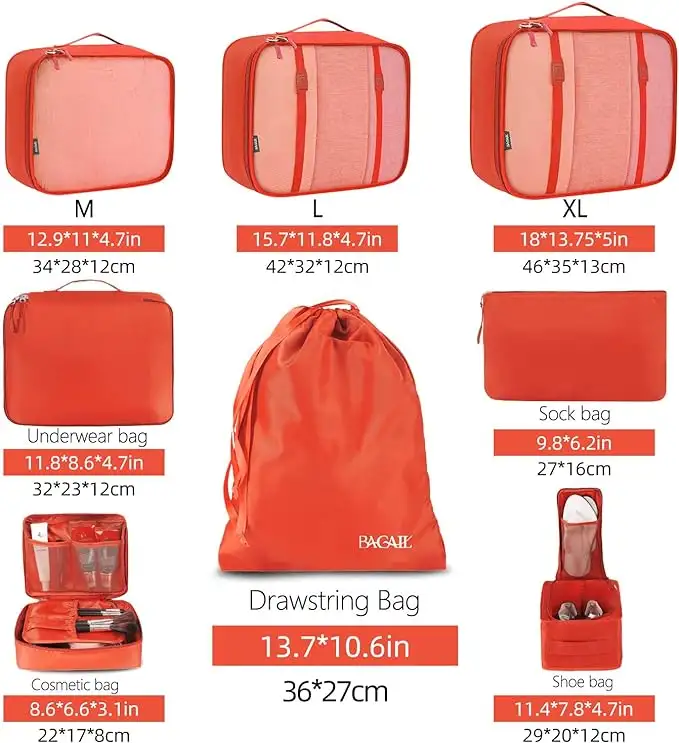 8 set mesh packing cubes with laundry and shoe bags for organized travel and efficient packing.