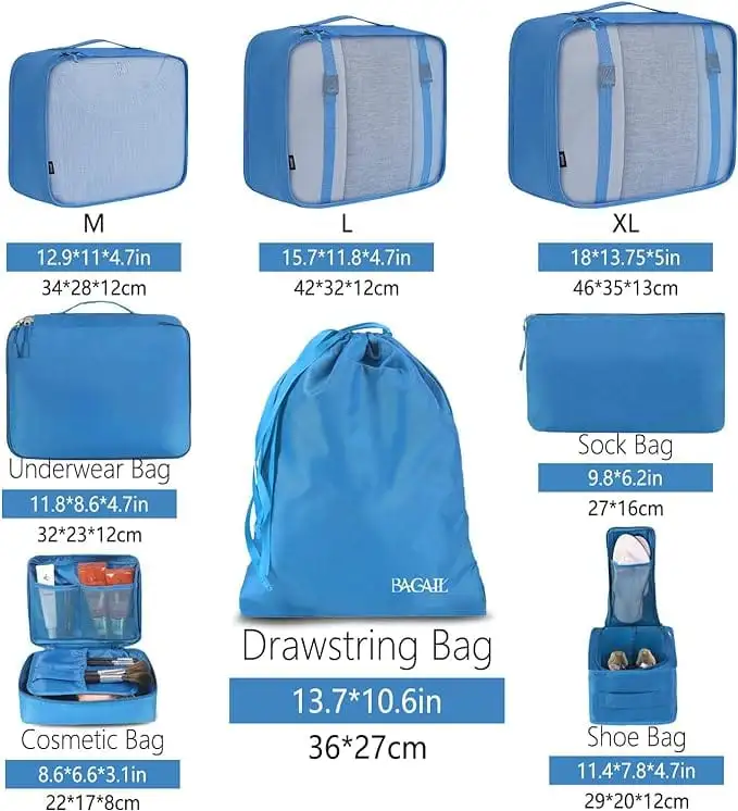 8 mesh packing cubes set with laundry and shoe bags for organized travel and efficient luggage storage.
