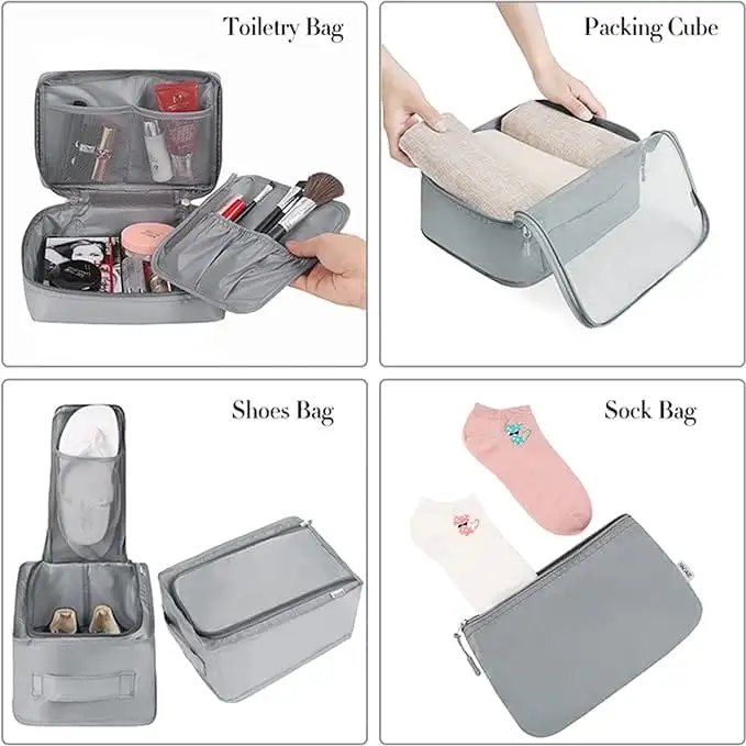 8 set mesh packing cubes with laundry bag and shoe bag for organized travel and efficient packing.