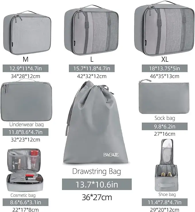 8 set mesh packing cubes with laundry bag and shoe bag for organized travel storage and easy packing.