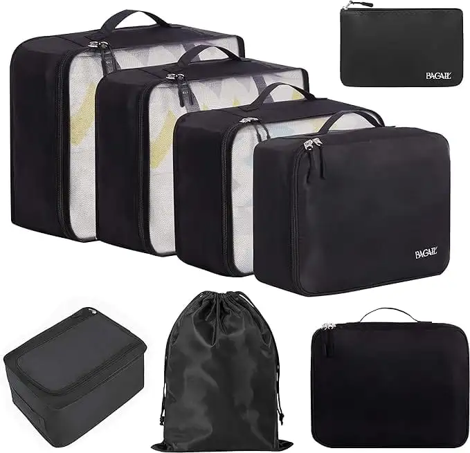 8 mesh packing cubes set with laundry and shoe bags, ideal for organized travel and efficient luggage packing.