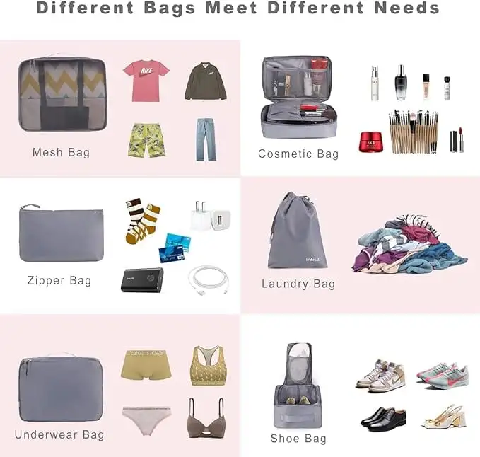 8 set mesh packing cubes with laundry bag and shoe bag for organized travel and efficient packing solutions.