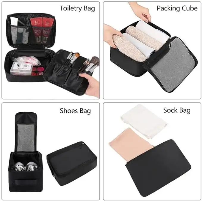 8 set mesh packing cubes with laundry bag and shoe bag for organized travel and efficient packing.