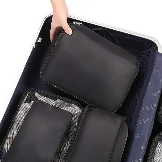 8 set mesh packing cubes with laundry bag and shoe bag for organized travel and efficient packing solutions.