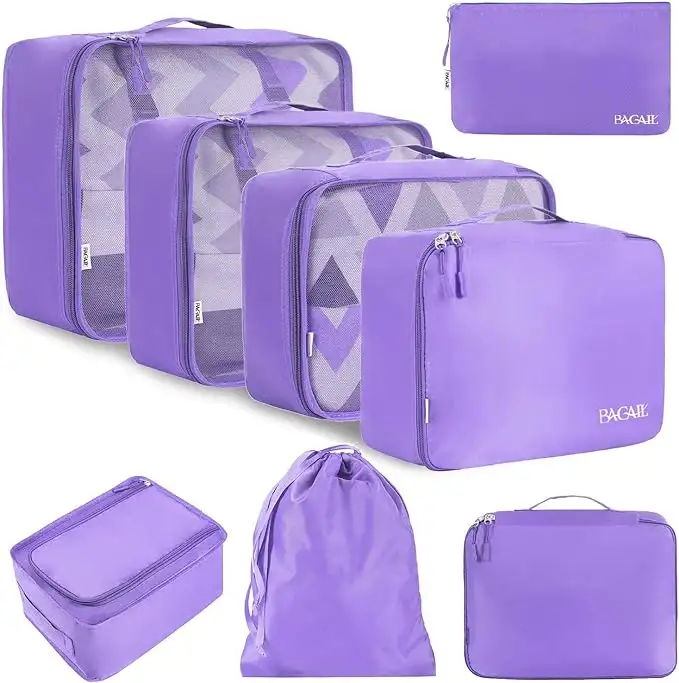 8 Set Mesh Packing Cubes with laundry bag and shoe bag in light purple for organized travel and easy packing.