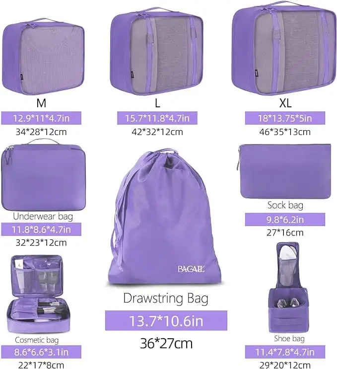 8-piece mesh packing cubes set with laundry and shoe bags for organized travel and efficient packing.