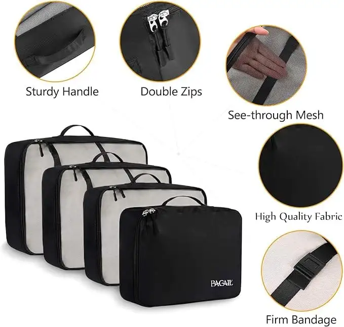 8 set mesh packing cubes with laundry and shoe bags for efficient travel organization and storage.